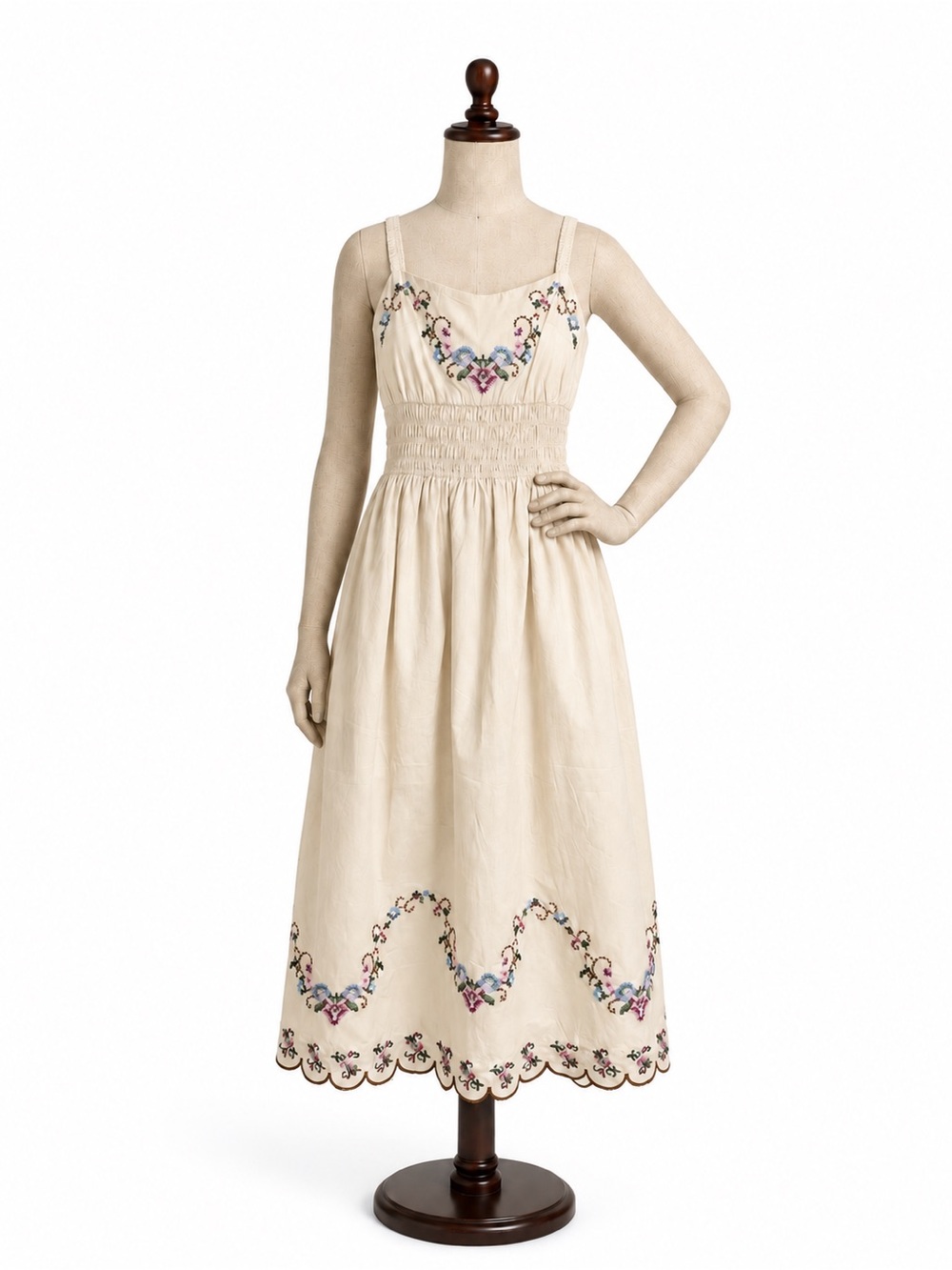 Moon River Cream Midi Dress with Multicolor Floral Embroidery M 100% cotton